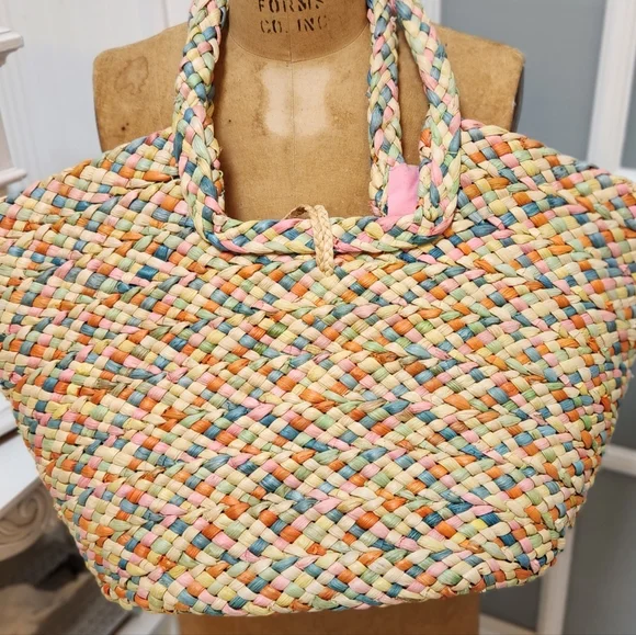 Large Colorful Straw Beach Bag Tote - Picture 3 of 9